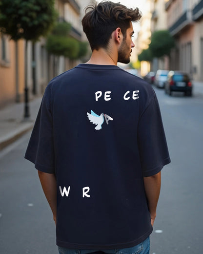Men's Blue Peace Not War Graphic Printed Oversized T-shirt