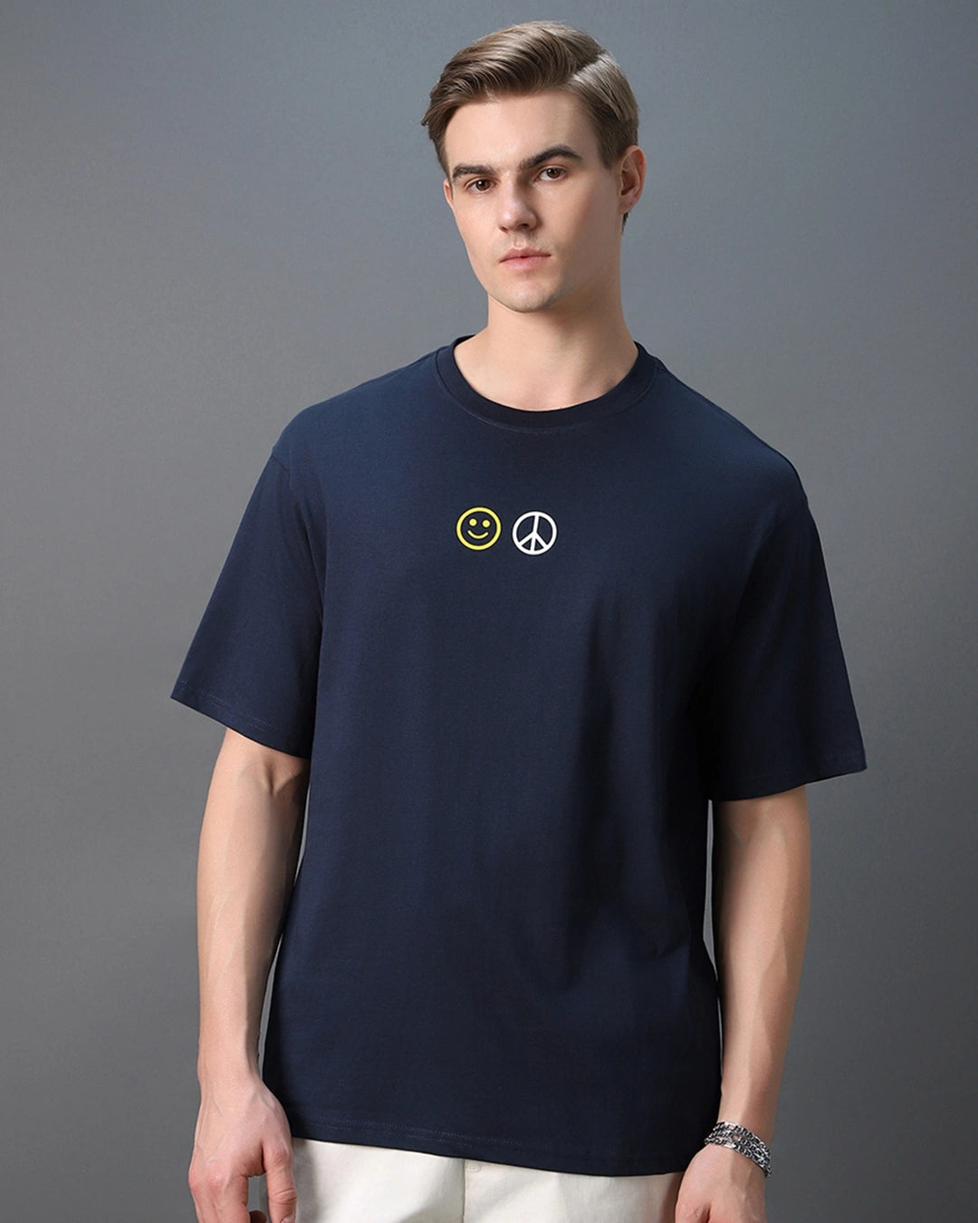 Men's Blue Peace Not War Graphic Printed Oversized T-shirt