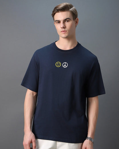 Men's Blue Peace Not War Graphic Printed Oversized T-shirt