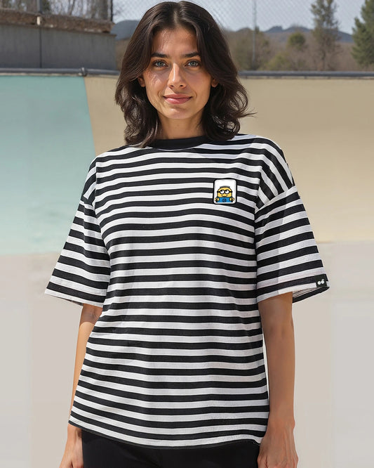 Women's White Minion Striped Oversized T-shirt